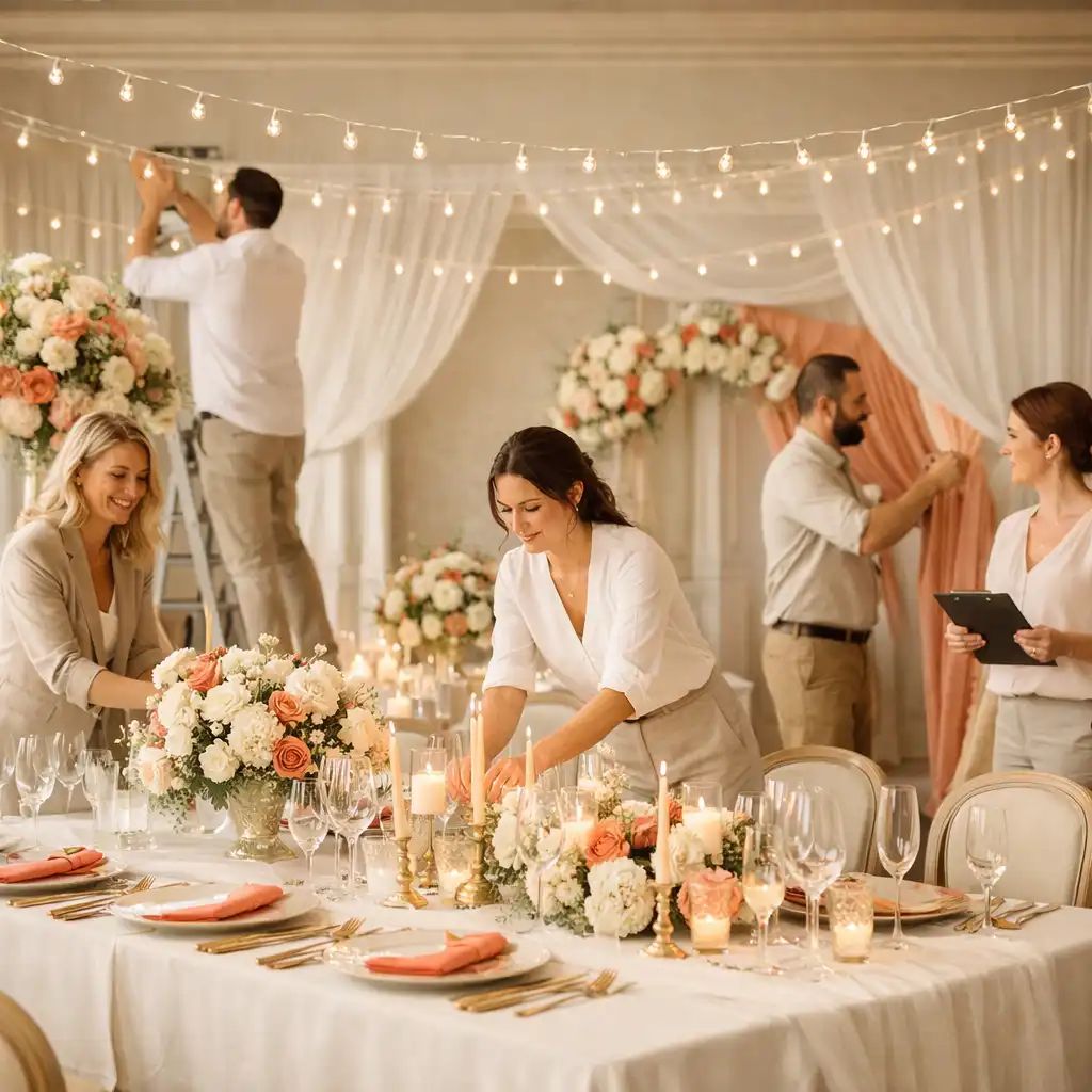 Équipe de Creations Festives préparant une salle de réception élégante avec guirlandes lumineuses et table dressée