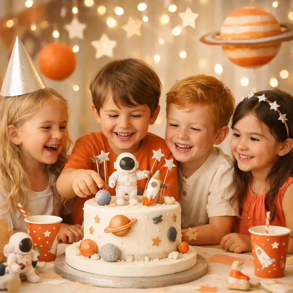 Fête d’anniversaire d’enfant sur le thème de l’espace avec décoration immersive et gâteau