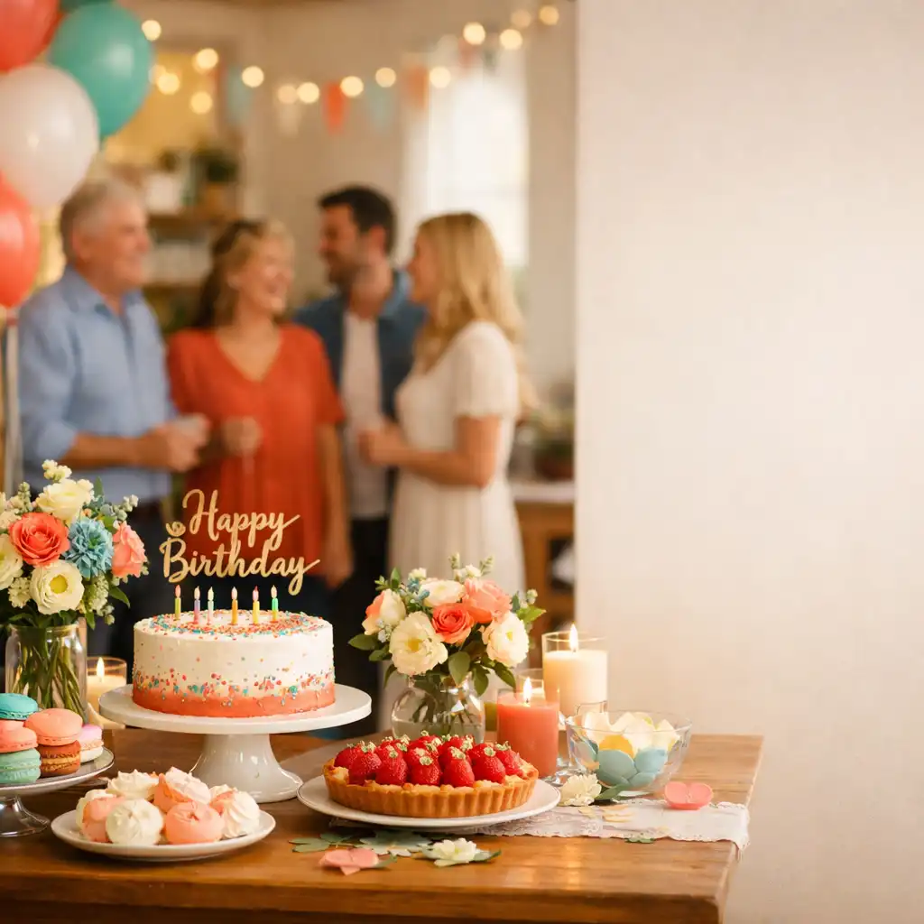 Fête d’anniversaire joyeuse avec des ballons colorés et une table décorée de gâteaux et de fleurs