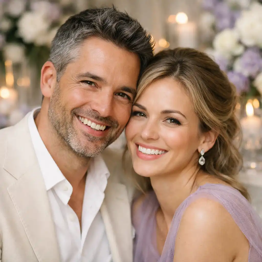 Portrait d’un couple souriant lors d’une célébration privée élégante