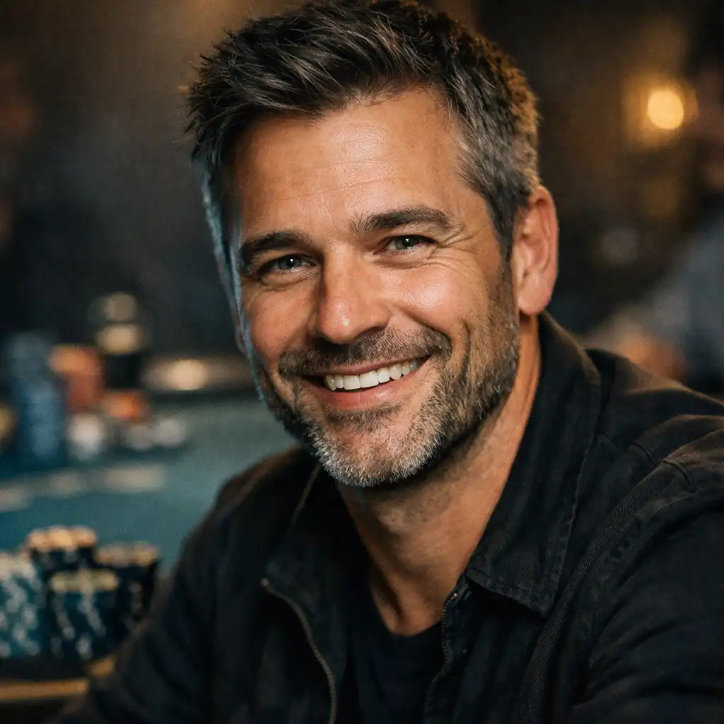 Portrait d’un client souriant lors d’une soirée poker conviviale