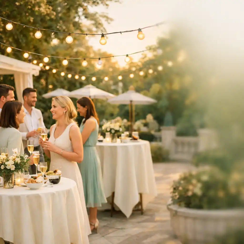 Cocktail dinatoire en extérieur avec invités, tables hautes et guirlandes lumineuses, ambiance conviviale