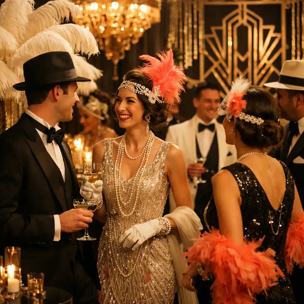 Soirée à thème années folles avec invités en costume d'époque et décor art déco