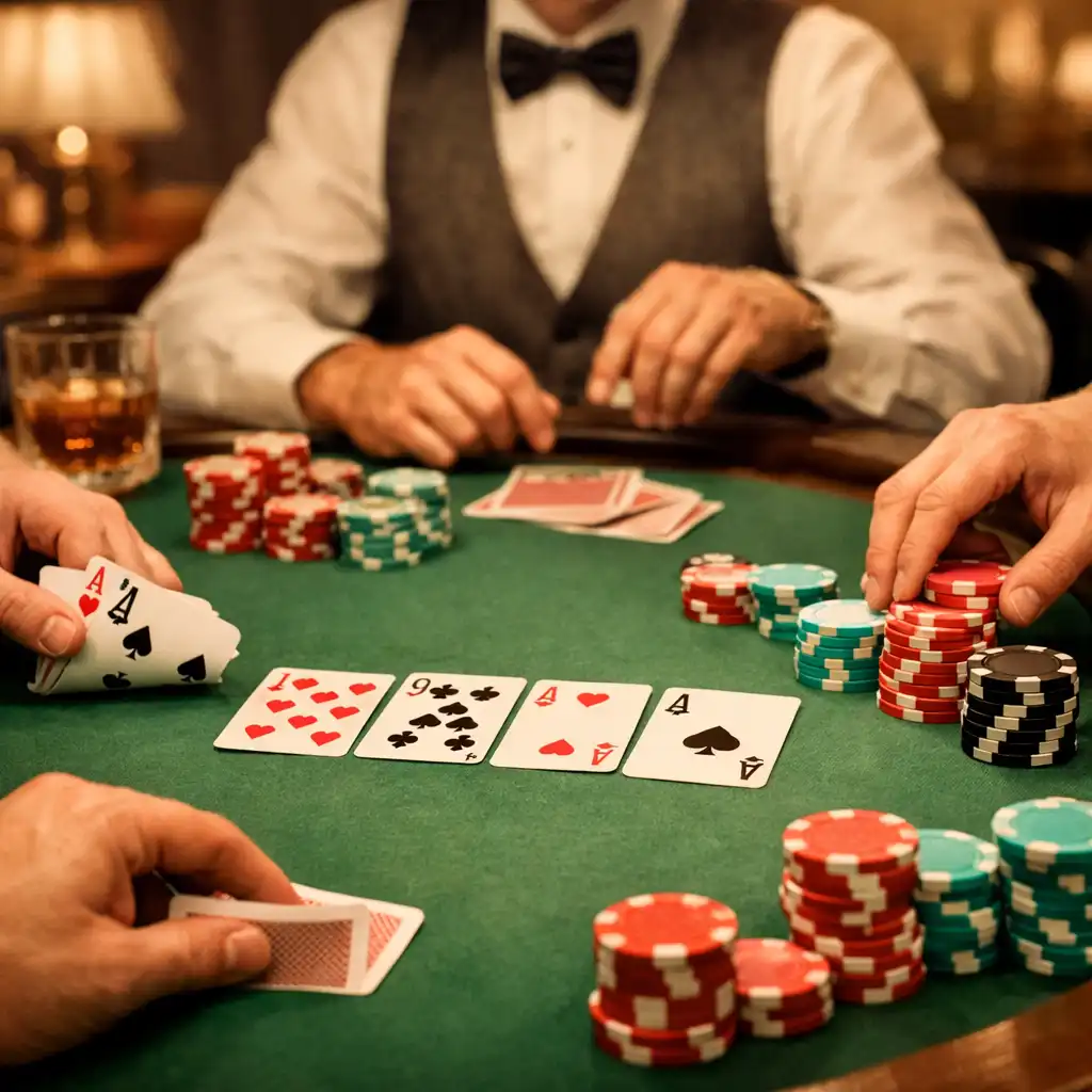 Table de poker conviviale avec jetons colorés, cartes et croupier professionnel