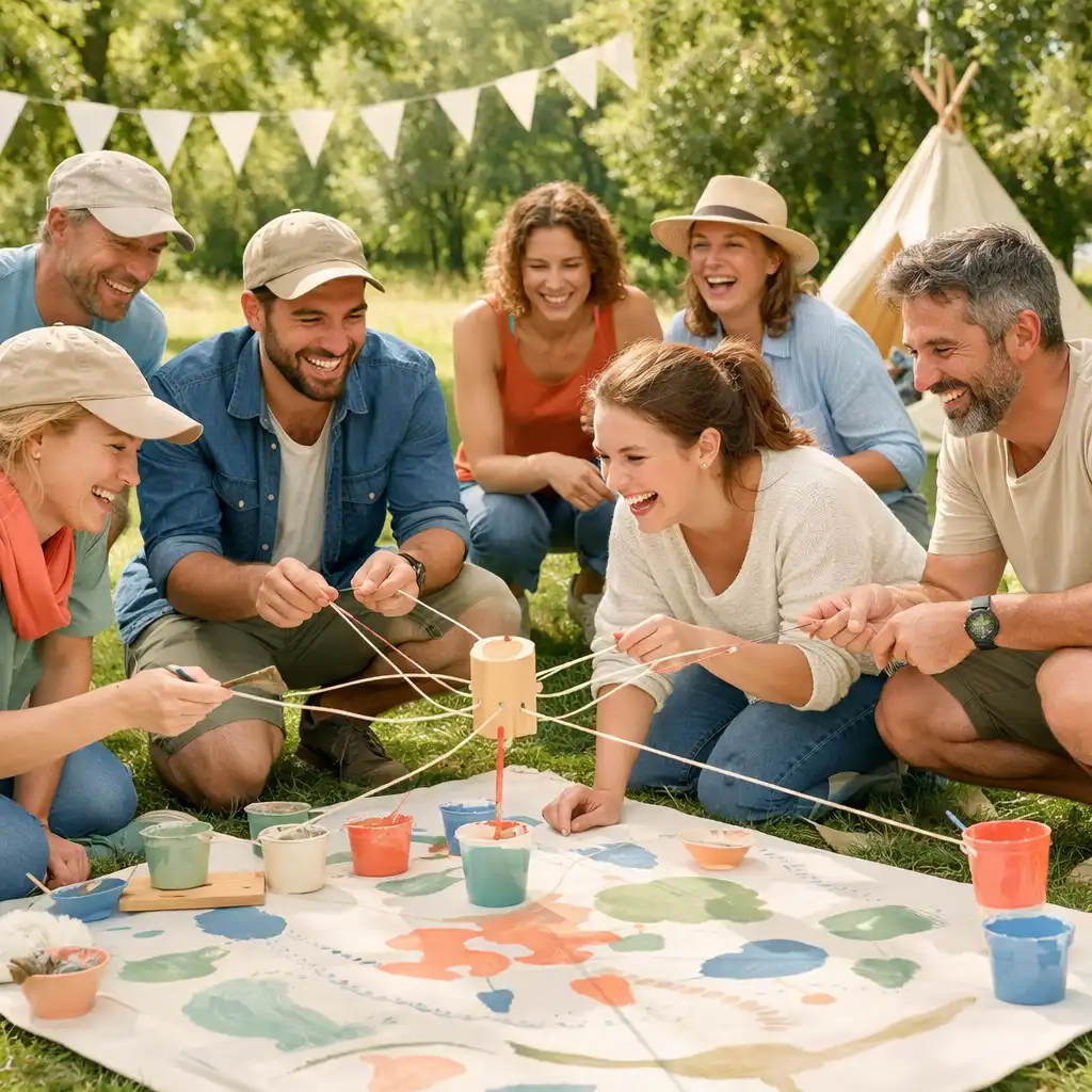 Team-building en extérieur avec un groupe participant à un atelier créatif collaboratif