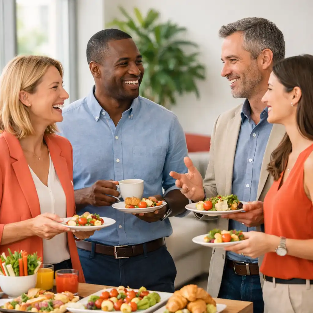 Professionnels échangeant lors d'un événement d'entreprise convivial