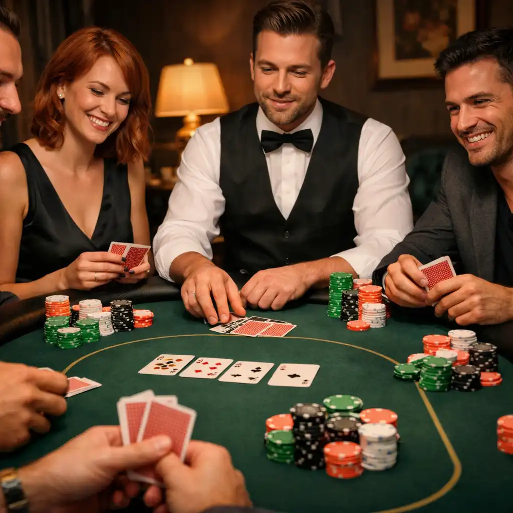 Table de poker conviviale avec joueurs souriants et croupier professionnel