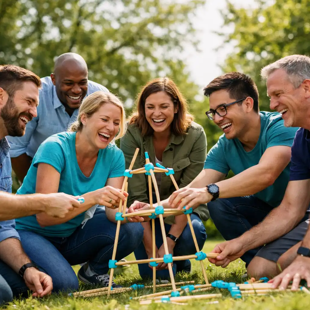 Équipe collaborant lors d'une activité de team-building en extérieur