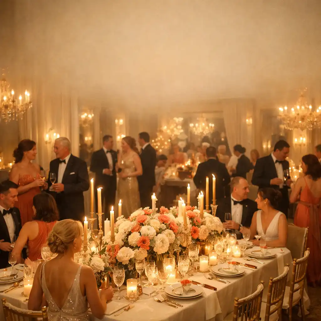 Réception élégante en intérieur avec table dressée, fleurs et bougies, ambiance chaleureuse et festive