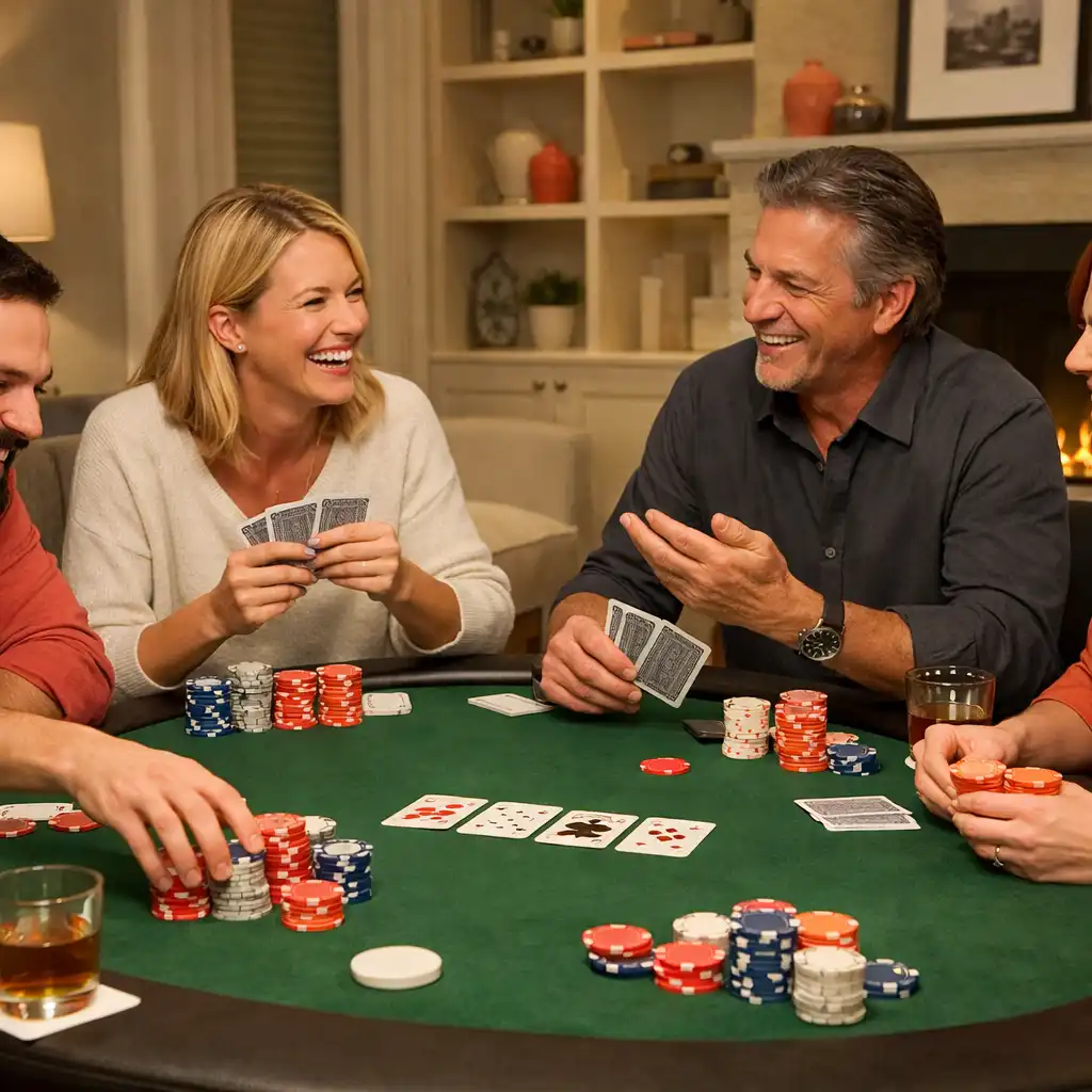 Table de poker conviviale dans un salon privé, avec feutrine verte, jetons colorés factices et joueurs souriants, sans argent réel.