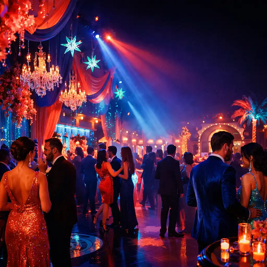 Vue d'ensemble d'une soirée thématique élégante dans un loft parisien, avec éclairage tamisé, guirlandes lumineuses et invités en tenue chic discutant et riant.