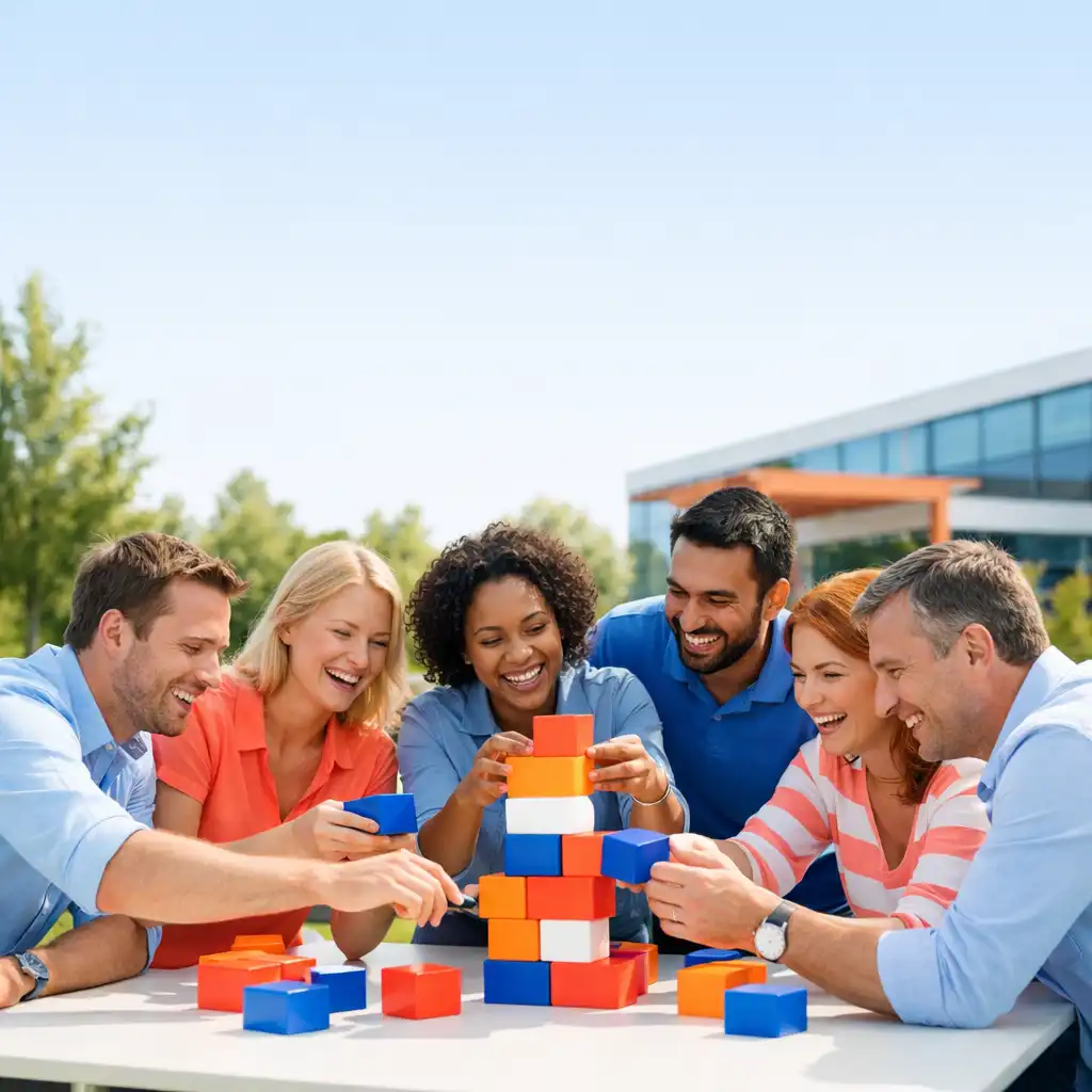Groupe de collègues participant à une activité de team-building en extérieur, riant et collaborant