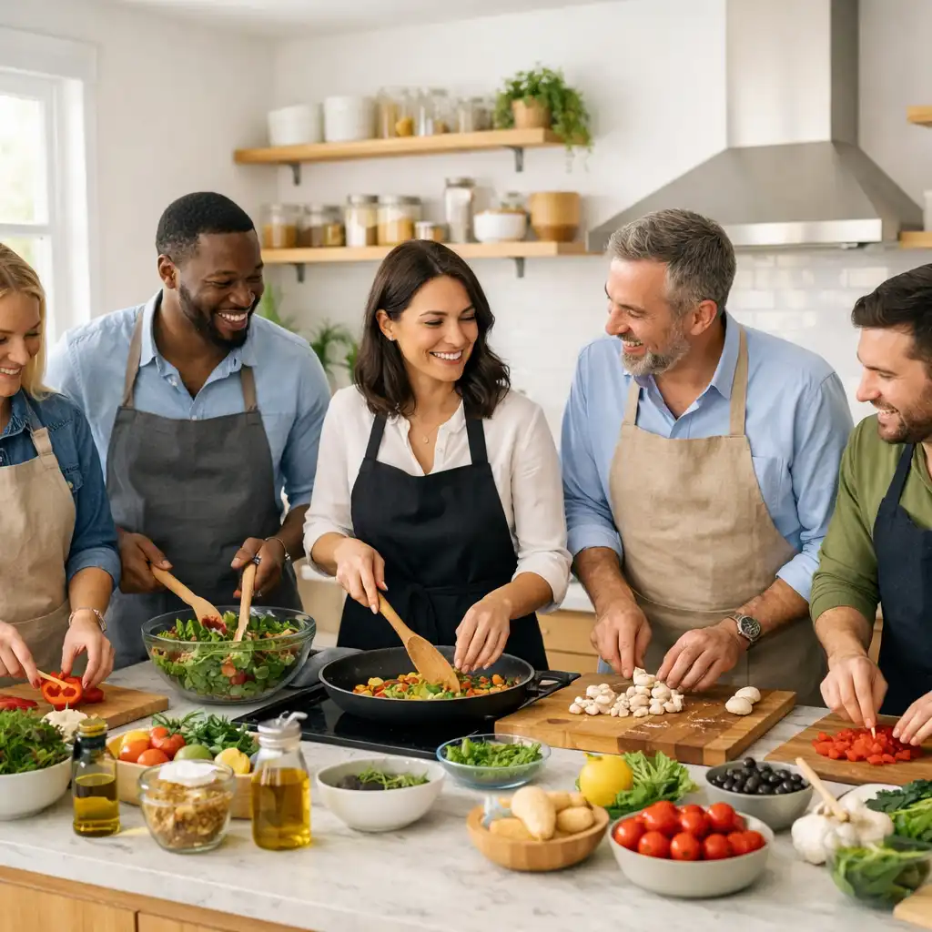 Atelier de team-building culinaire avec un groupe de collègues préparant des plats ensemble